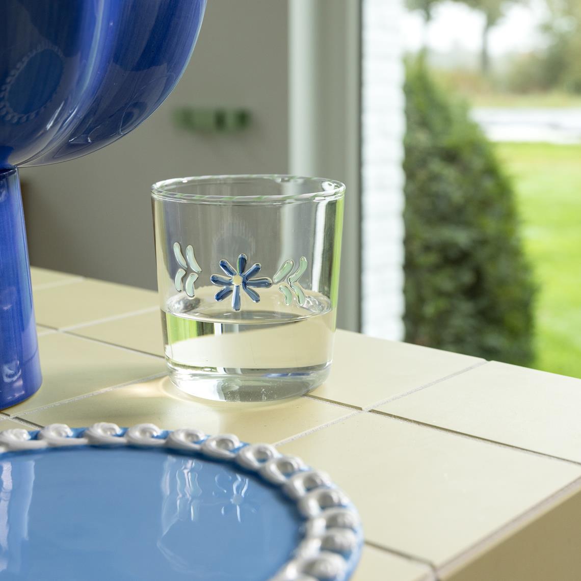 Glass flora blue set of 2